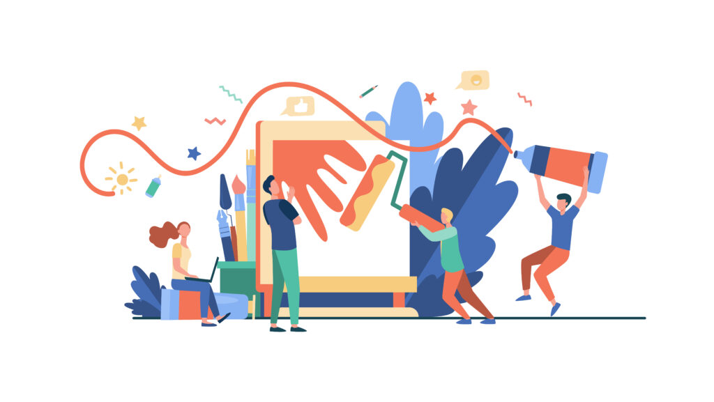 Art workshop in studio. Cartoon artists creating artworks with rollers, paintbrushes, paints, easels. Vector illustration for painting, drawing, art school, community concept